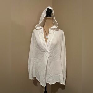 NWT P. Cill Oversized Gauze White Hooded V Neck Top, size M